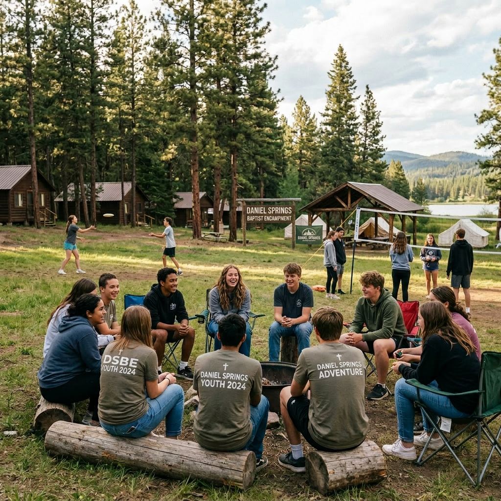 Teenagers gathered around a campfire ring and playing volleyball at a forested camp with cabins