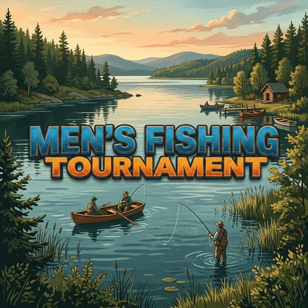 Illustration of two men fishing on a boat at sunset on a lake, with a large fish jumping out of the water and tournament information text